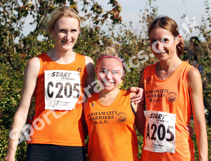 Durham City Harriers, from left to right: Kim Simpson, Katherine O'Mahony and Rosie Smith after finishing 3rd in the Senior Women's, Northern Cross Country Relay, Graves Park, Sheffield